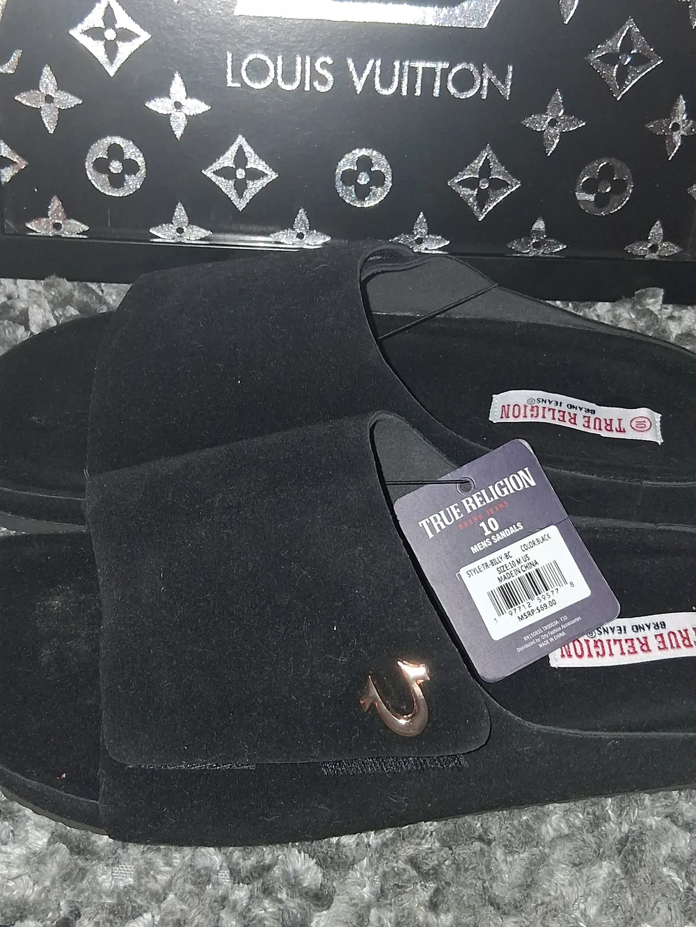 True Religion Black Suede Slide Sandals with Gold Logo Accent